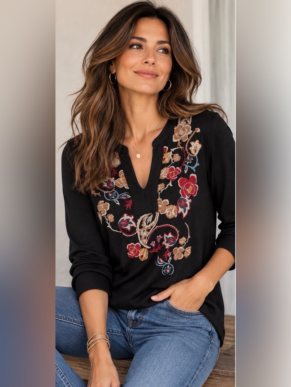 Chico’s Black Embroidered Floral Paisley Split Neck Top Size M